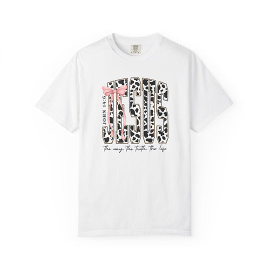 John 14:6 Tee featuring JESUS in cow-print, pink bow over J, with Bible verse and script phrase, offering stylish graphic design for casual wear.
