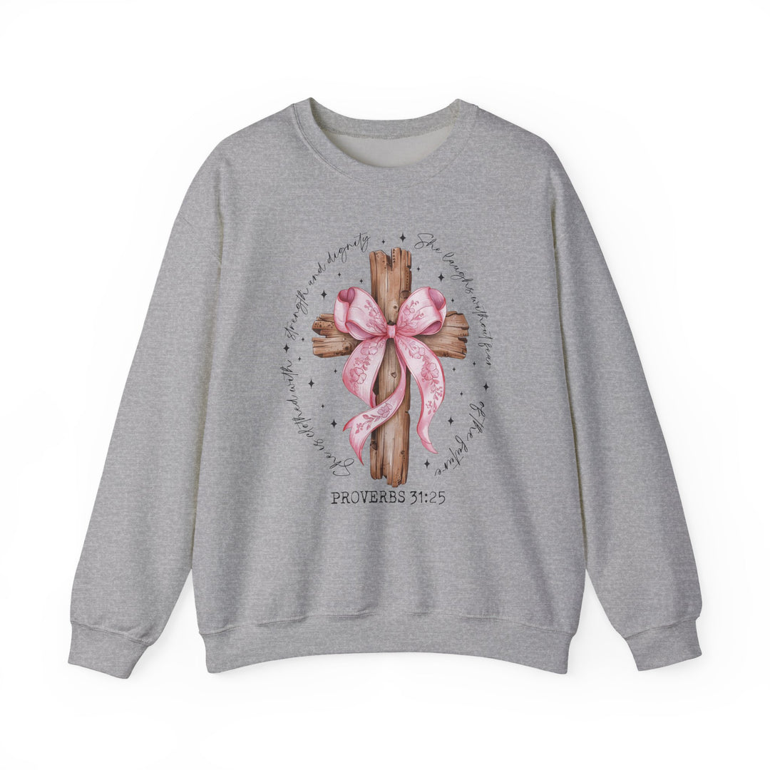 Proverbs 31:25 Crew: Light-gray sweatshirt featuring a rustic wooden cross with pink ribbon and Proverbs verse, ideal for comfort.