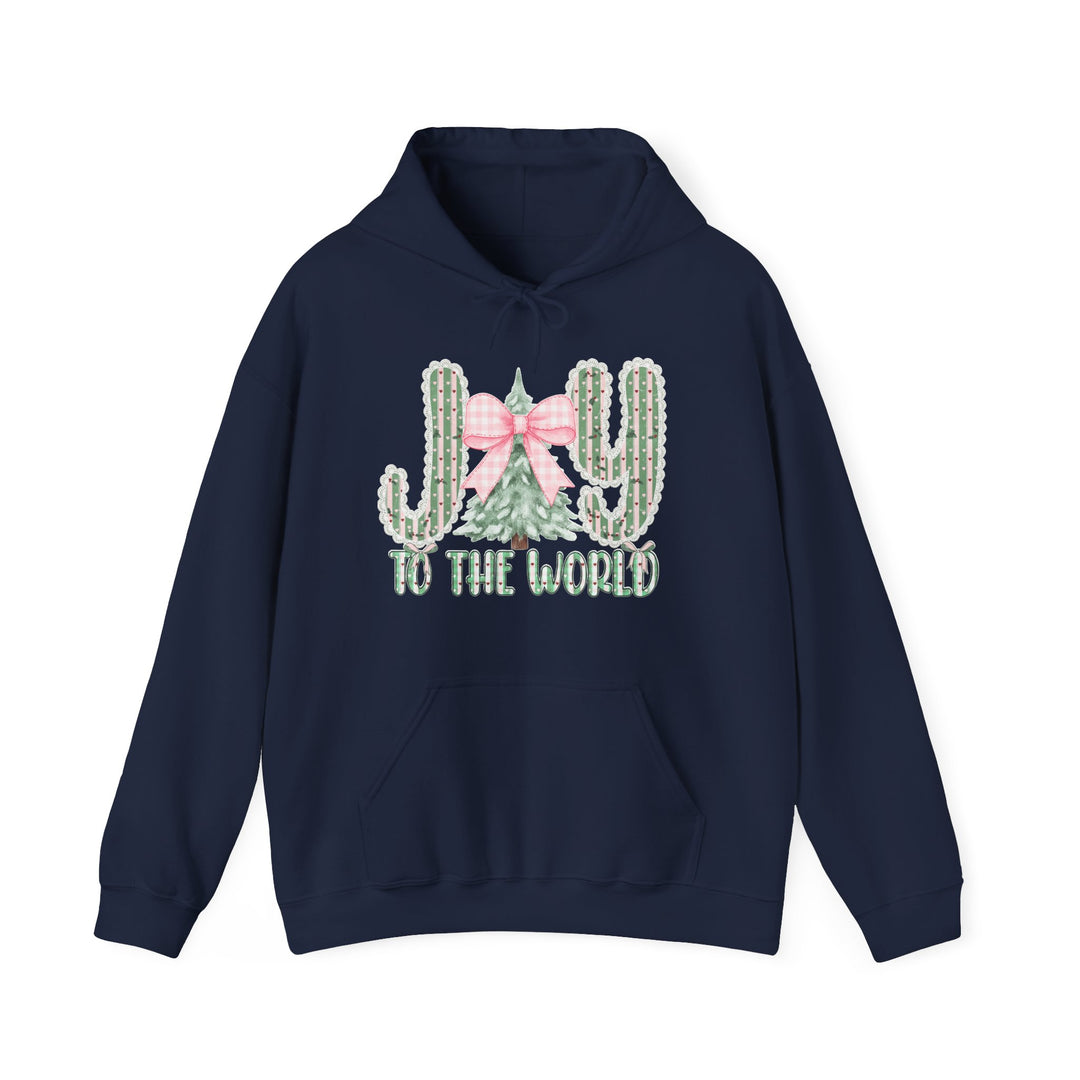 Joy to the World Hoodie features cactus-themed JOY design with Christmas tree and gingham bow, perfect for cozy, festive warmth.