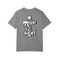 Walk By Faith Not By Sight Tee: Grey t-shirt with a white cross design. 100% ring-spun cotton, garment-dyed for extra coziness. Relaxed fit, double-needle stitching for durability, no side-seams for a tubular shape.