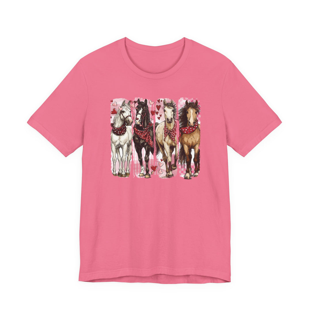 Horse Valentine Tee: Pink T-shirt featuring four bandana-wearing horses with heart and plaid background, showcasing a classic unisex fit with ribbed knit collars and durable seams.