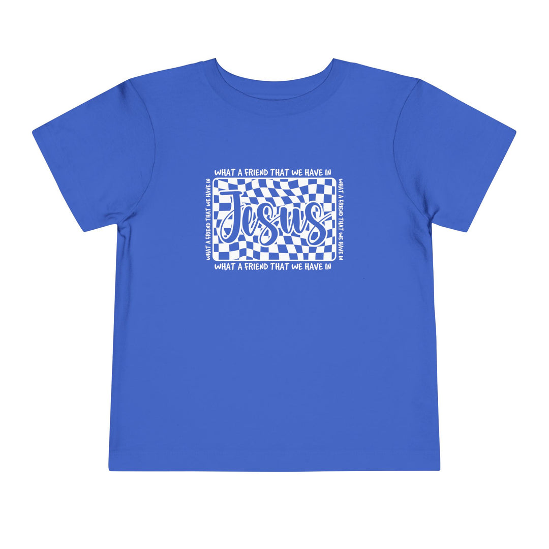 What a Friend We Have in Jesus Toddler Tee featuring a comfortable Bella Canvas design, perfect for everyday wear with a tear-away label for added comfort.