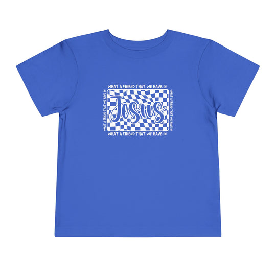 What a Friend We Have in Jesus Toddler Tee featuring a comfortable Bella Canvas design, perfect for everyday wear with a tear-away label for added comfort.