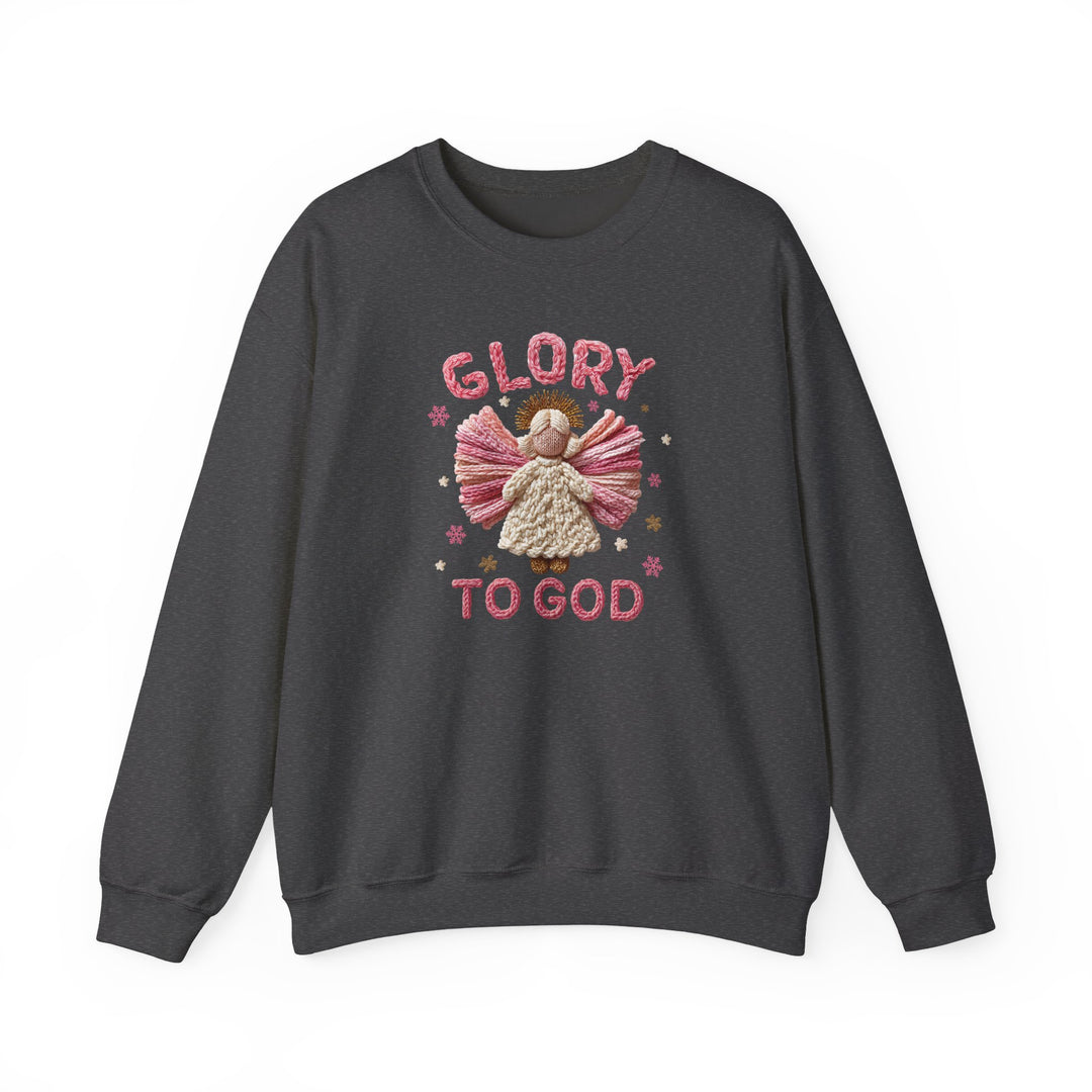 Dark charcoal-gray crewneck sweatshirt with a stitched angel design and GLORY TO GOD text, featuring star motifs. Cozy, durable, made from ethically sourced materials.