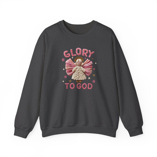 Dark charcoal-gray crewneck sweatshirt with a stitched angel design and GLORY TO GOD text, featuring star motifs. Cozy, durable, made from ethically sourced materials.