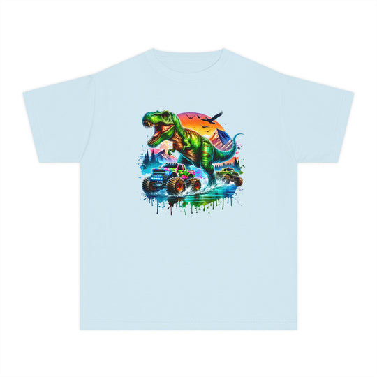 Dino Truck Kids Tee: Light-blue youth T-shirt featuring a vibrant graphic of a roaring T-Rex with monster trucks, perfect for active play and comfort.