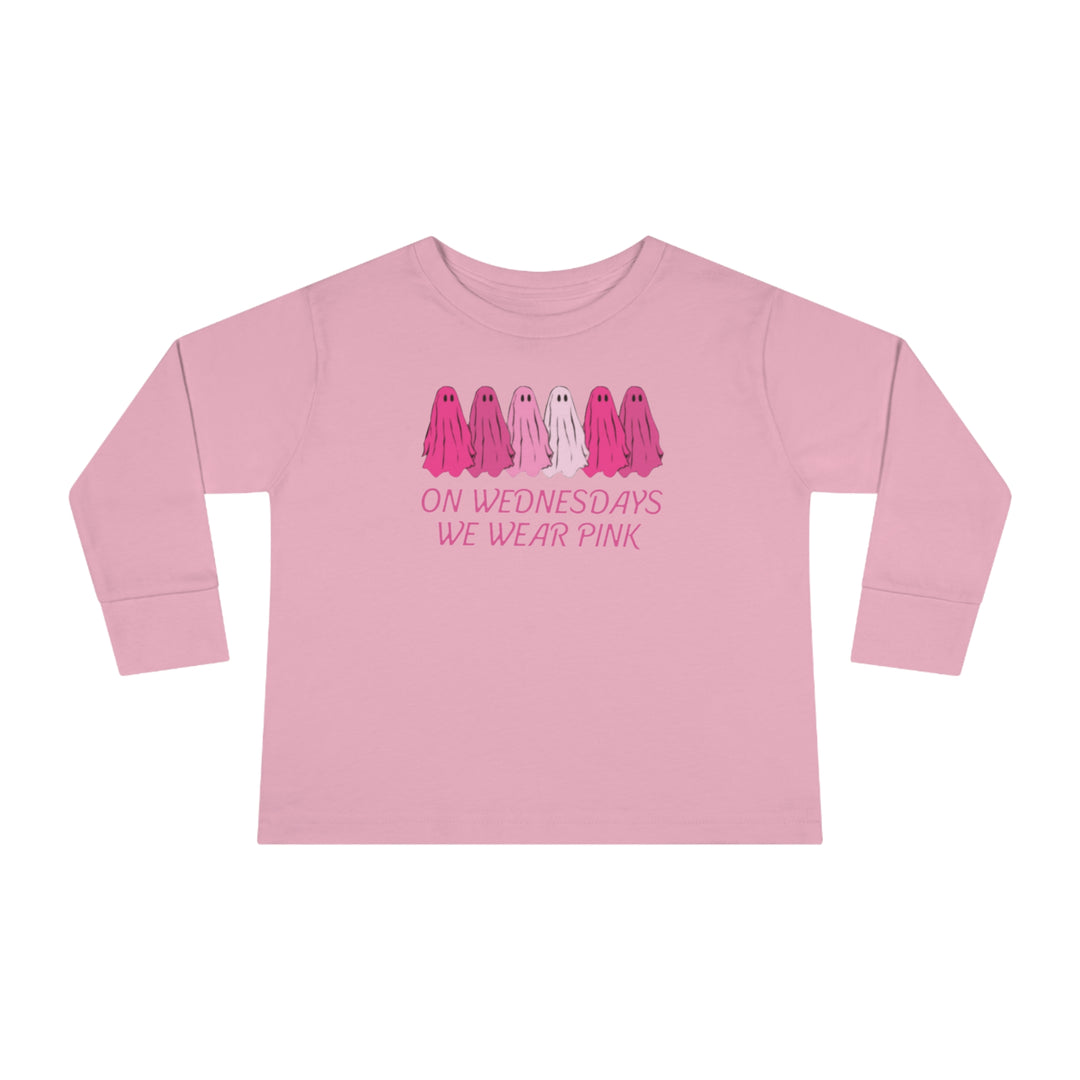 A custom toddler long-sleeve tee featuring pink ghosts, designed for the youngest trendsetters. Made from 100% combed ringspun cotton, with topstitched ribbed collar and EasyTear™ label for comfort and durability.