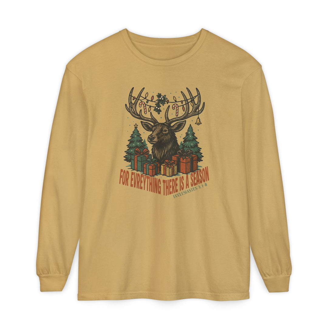 Mustard-yellow long-sleeve tee featuring a festive stag design with holiday decorations and Ecclesiastes scripture, For Everything There is a Season.