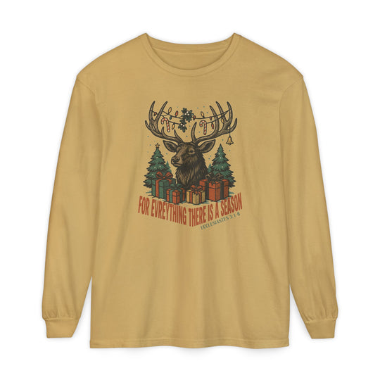 Mustard-yellow long-sleeve tee featuring a festive stag design with holiday decorations and Ecclesiastes scripture, For Everything There is a Season.