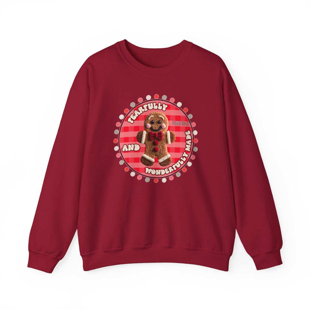 Red crew-neck sweatshirt featuring a gingerbread-man graphic with Fearfully and Wonderfully Made text, offering cozy comfort with a durable, classic fit.