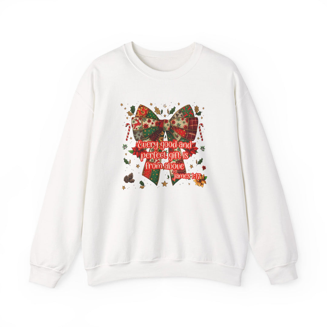 White crewneck sweatshirt featuring a festive patchwork Christmas bow with Bible verse Every good and perfect gift is from above James 1:17.