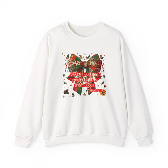 White crewneck sweatshirt featuring a festive patchwork Christmas bow with Bible verse Every good and perfect gift is from above James 1:17.
