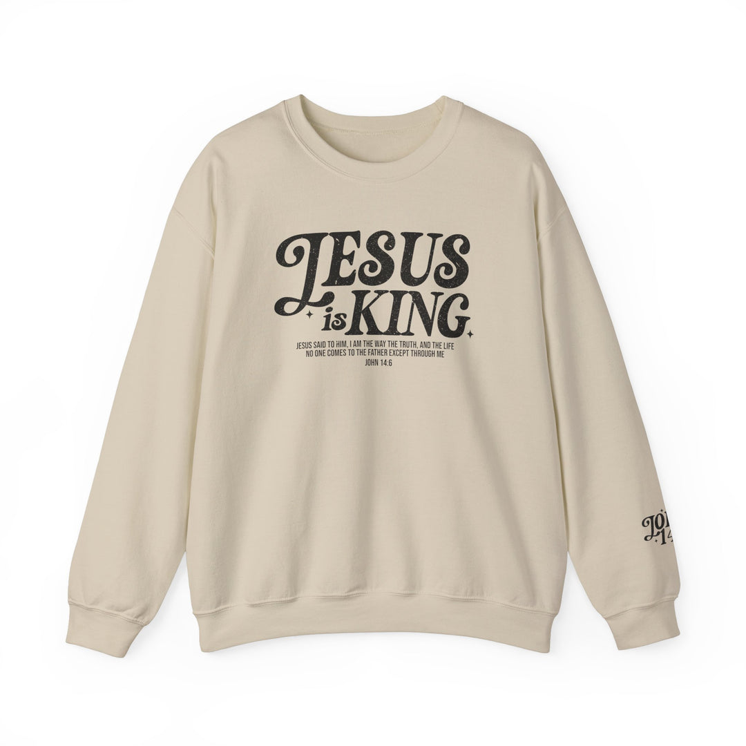 Jesus is King Crew: A white sweatshirt featuring bold black text, designed for comfort with a ribbed knit collar and a blend of polyester and cotton.