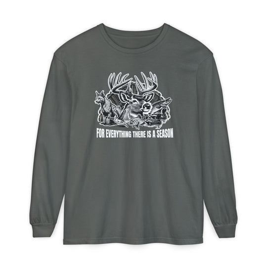 For Everything There is a Season Long Sleeve Tee featuring a white line-art wildlife scene with a buck, fox, fish, and waterfowl, crafted from 100% ring-spun cotton.