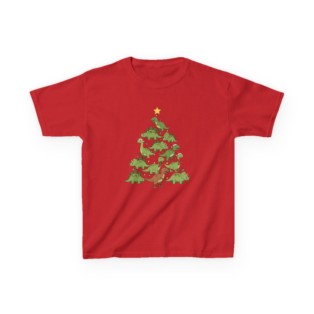 Dino Tree Kids Tee: A bright red T-shirt with cartoon dinosaurs forming a Christmas tree, decorated with lights, ornaments, and Santa hats, topped with a star.