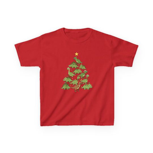Dino Tree Kids Tee: A bright red T-shirt with cartoon dinosaurs forming a Christmas tree, decorated with lights, ornaments, and Santa hats, topped with a star.