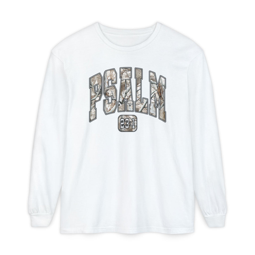 White long-sleeve tee with PSALM in camo pattern and 23:1 beneath, made of 100% ring-spun cotton for comfort, offered by Faith Family Designs.