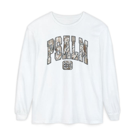 White long-sleeve tee with PSALM in camo pattern and 23:1 beneath, made of 100% ring-spun cotton for comfort, offered by Faith Family Designs.
