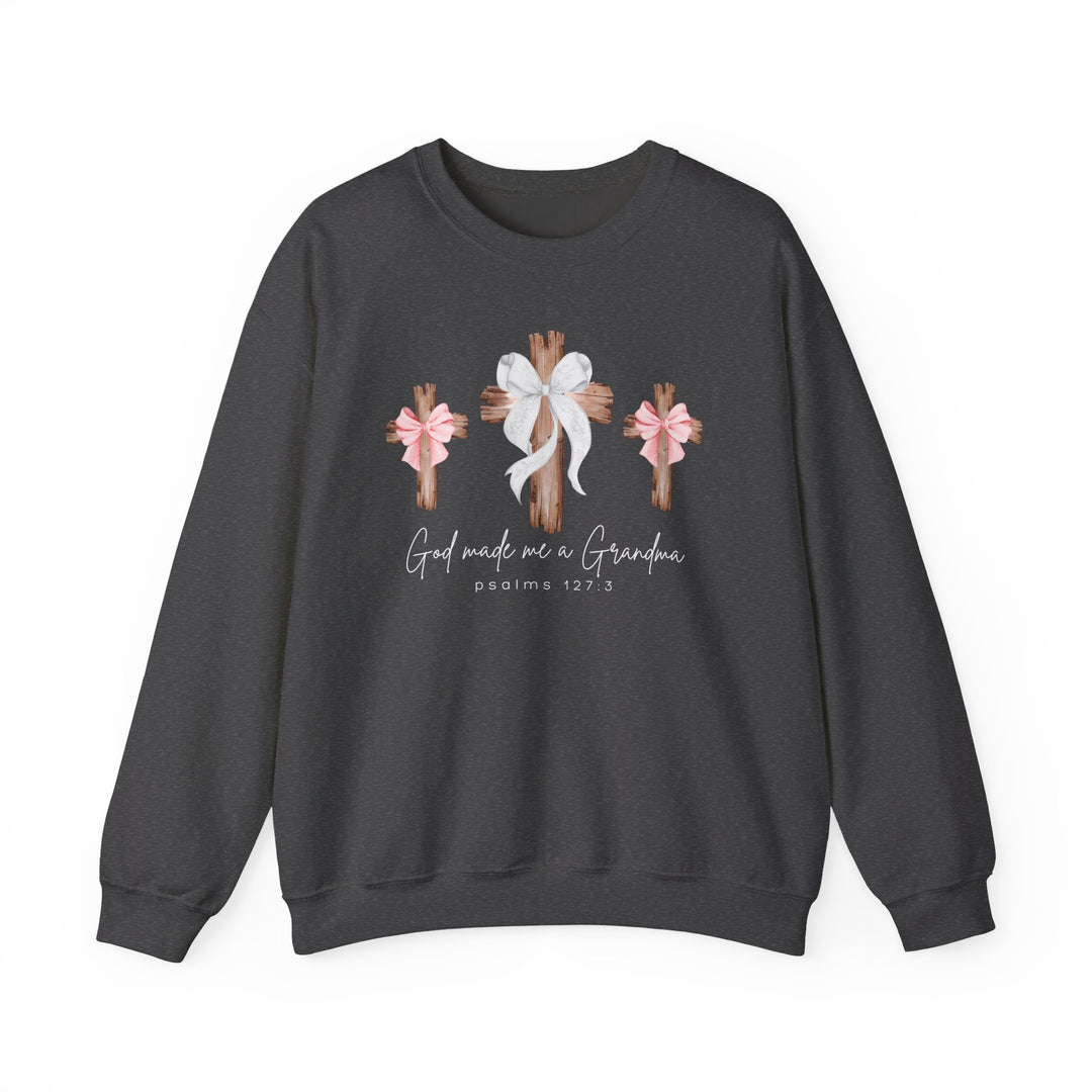 God Made Me a Girl Grandma Crew sweatshirt features rustic wooden crosses with bows and scripture, designed for comfort and style by Faith Family Designs.