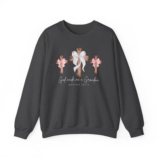 God Made Me a Girl Grandma Crew sweatshirt features rustic wooden crosses with bows and scripture, designed for comfort and style by Faith Family Designs.