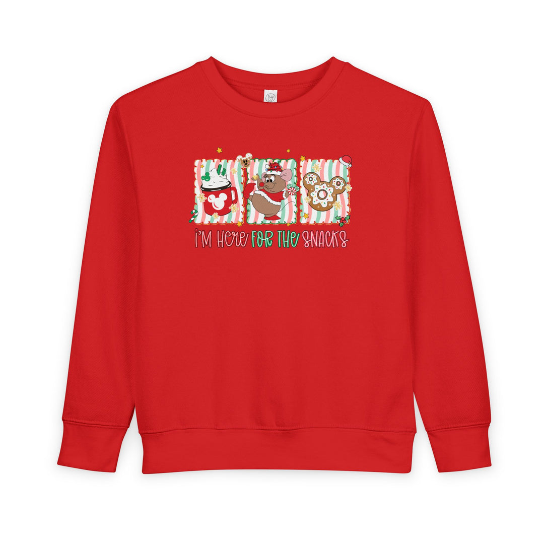 Here for the Snacks Toddler Crew sweatshirt featuring Mickey-themed holiday snack graphics and I'm here for the snacks text, designed for warmth and comfort.