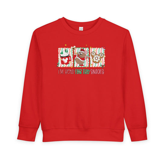 Here for the Snacks Toddler Crew sweatshirt featuring Mickey-themed holiday snack graphics and I'm here for the snacks text, designed for warmth and comfort.