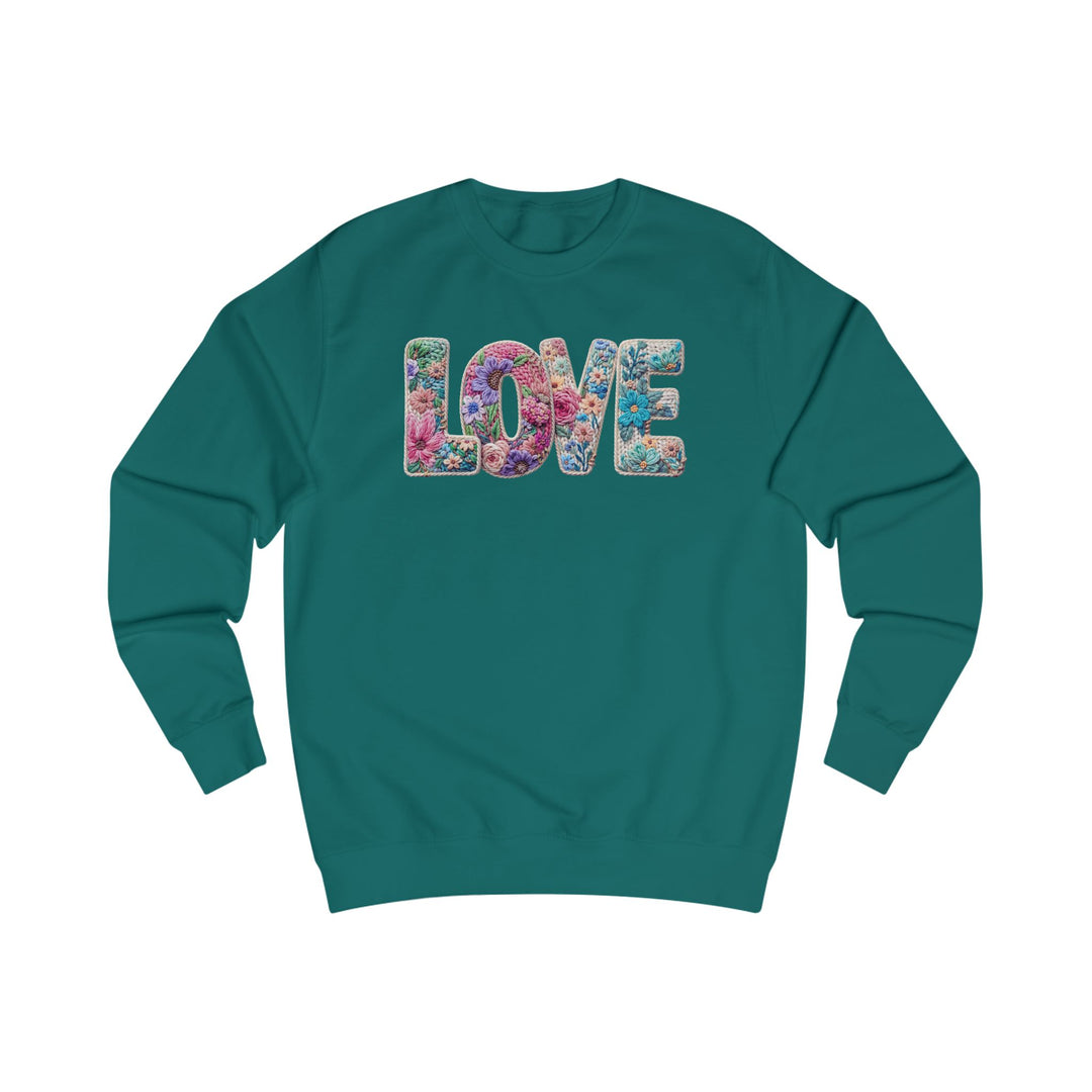 Teal-green crewneck sweatshirt featuring LOVE in floral-patterned typography, combining comfort and style with a cotton-polyester blend and ribbed seams.
