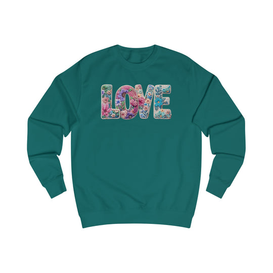 Teal-green crewneck sweatshirt featuring LOVE in floral-patterned typography, combining comfort and style with a cotton-polyester blend and ribbed seams.