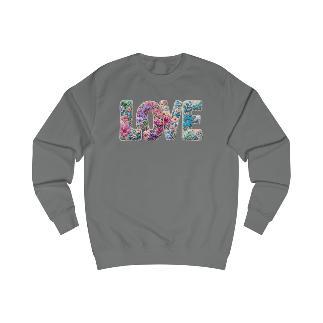 Gray crewneck sweatshirt with LOVE across the chest, featuring colorful floral embroidery-style patterns. Made from cotton-polyester blend, offering comfort and durability.