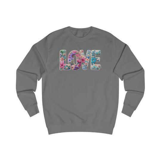 Gray crewneck sweatshirt with LOVE across the chest, featuring colorful floral embroidery-style patterns. Made from cotton-polyester blend, offering comfort and durability.
