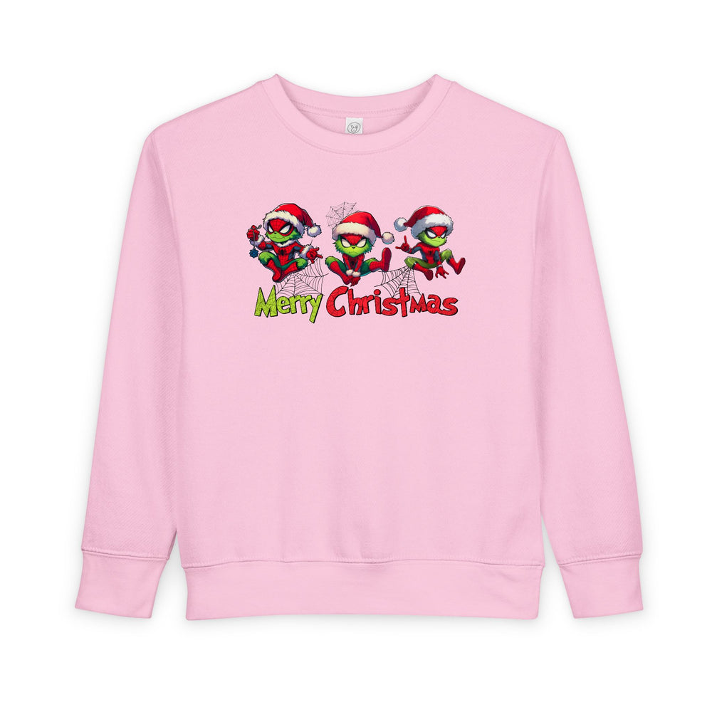 Spider Toddler Crew: Light-pink sweatshirt with festive cartoon green creatures in Santa hats on spider-webs, Merry Christmas text, soft cotton-polyester blend.