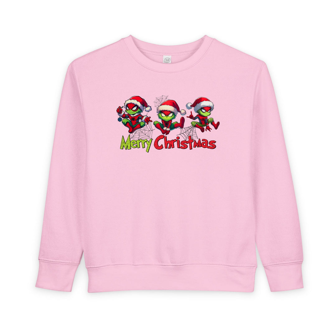 Spider Toddler Crew: Light-pink sweatshirt with festive cartoon green creatures in Santa hats on spider-webs, Merry Christmas text, soft cotton-polyester blend.