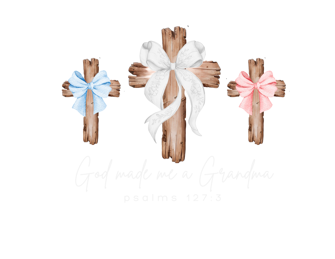 Three rustic wooden crosses with bows and text God made me a Grandma, referencing Psalms 127:3, featured on a comfortable unisex crewneck sweatshirt.