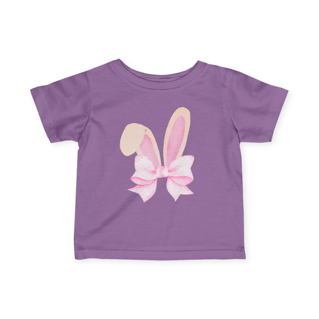Bunny Bow Baby Tee: Toddler-sized purple T-shirt featuring watercolor bunny ears with a pink bow, crafted from soft, durable cotton for comfort and fit.