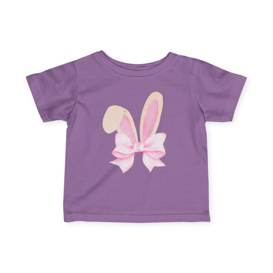 Bunny Bow Baby Tee: Toddler-sized purple T-shirt featuring watercolor bunny ears with a pink bow, crafted from soft, durable cotton for comfort and fit.