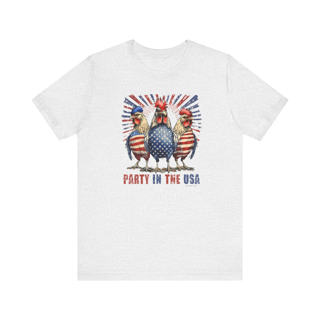 A Party In the USA Tee featuring a white t-shirt with a red, white, and blue design of roosters and chickens. Unisex jersey tee made of 100% Airlume combed cotton, retail fit, tear away label.