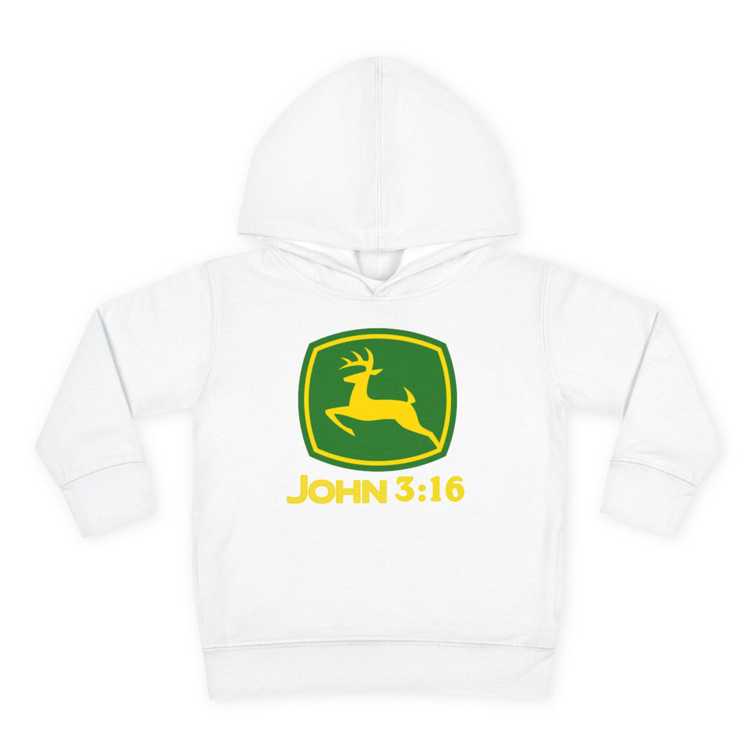 John 3:16 Toddler Hoodie featuring a green-and-yellow leaping deer logo, showcasing durable design with jersey-lined hood and side seam pockets for lasting comfort.