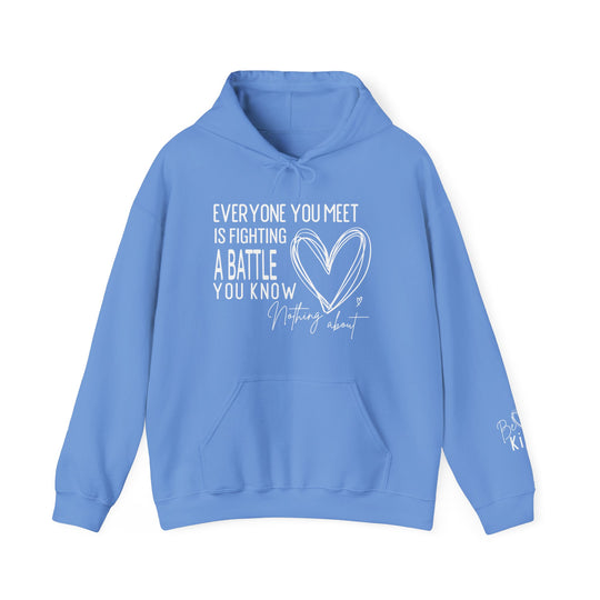 Light blue Fighting a Battle hoodie with a heart graphic and Be Kind sleeve script, featuring a front pouch and drawstring hood.