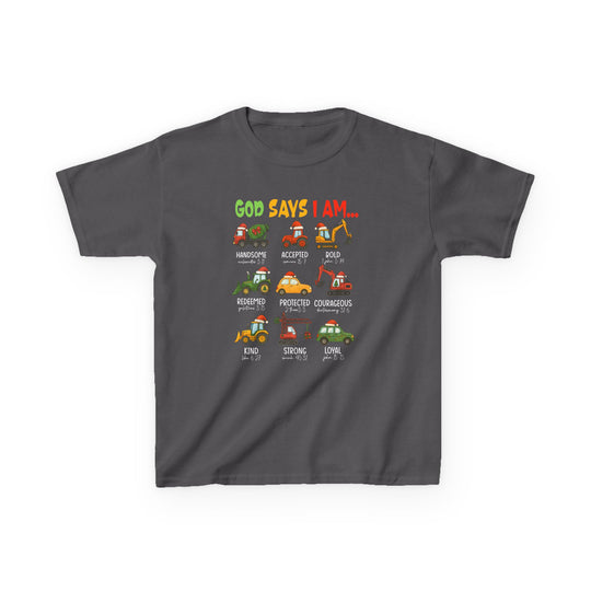 Charcoal-gray kids' tee with GOD SAYS I AM… and nine Santa-hat vehicles, each labeled with positive adjectives and Bible verses, by Faith Family Designs.