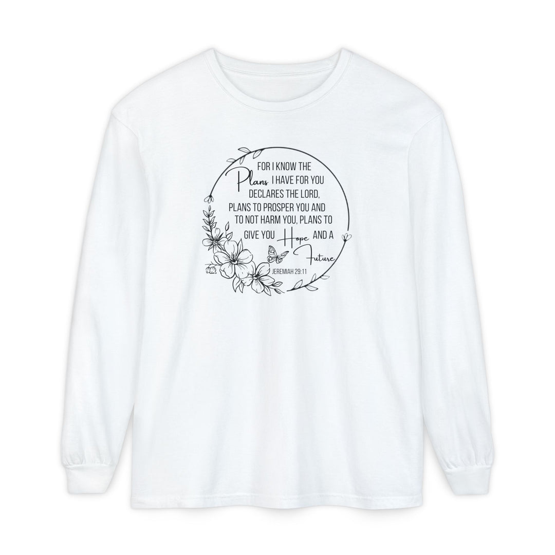 White long-sleeve T-shirt featuring a black line-art wreath and Jeremiah 29:11 text, Plans Hope Future Long Sleeve Tee, with butterfly motif, by Faith Family Designs.