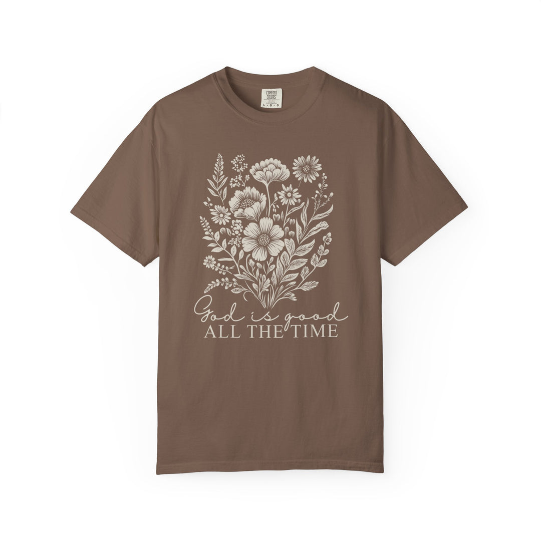 God is Good All the Time Tee, featuring a relaxed fit, crew neckline, and durable construction, ideal for everyday comfort with no side-seams for shape retention.