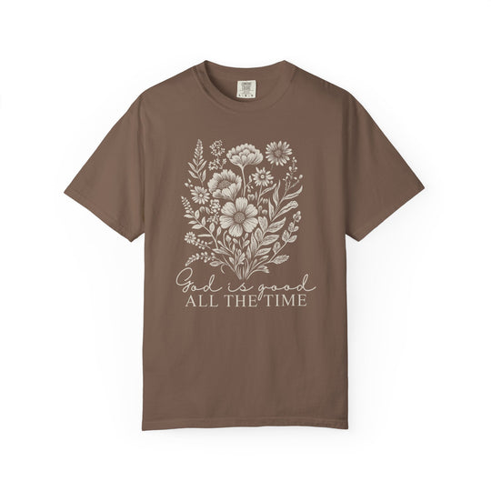 God is Good All the Time Tee, featuring a relaxed fit, crew neckline, and durable construction, ideal for everyday comfort with no side-seams for shape retention.