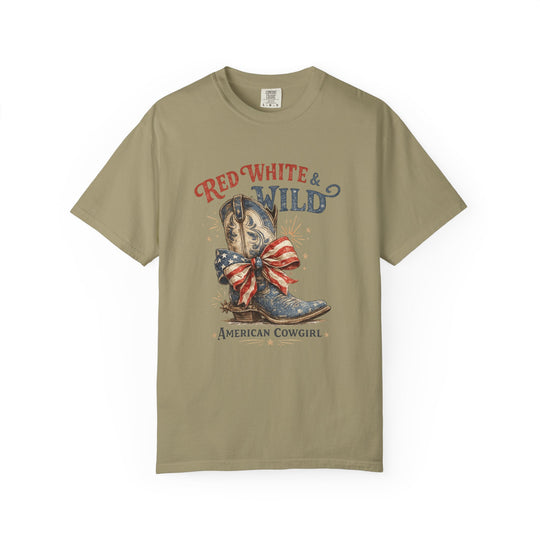 Red White and Wild Tee featuring a vintage-style graphic of a cowboy boot with a U.S. flag bow, ideal for comfort and casual wear.