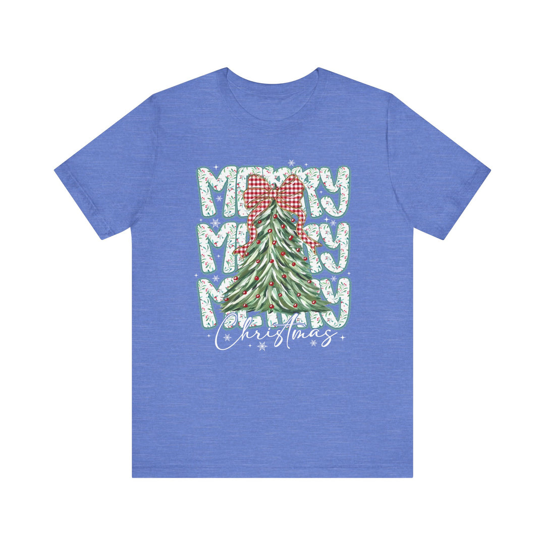 Merry Merry Merry Christmas Tee featuring a festive tree graphic with red baubles and gingham bow, perfect for holiday spirit from Faith Family Designs.