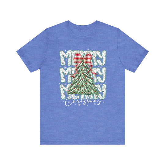 Merry Merry Merry Christmas Tee featuring a festive tree graphic with red baubles and gingham bow, perfect for holiday spirit from Faith Family Designs.