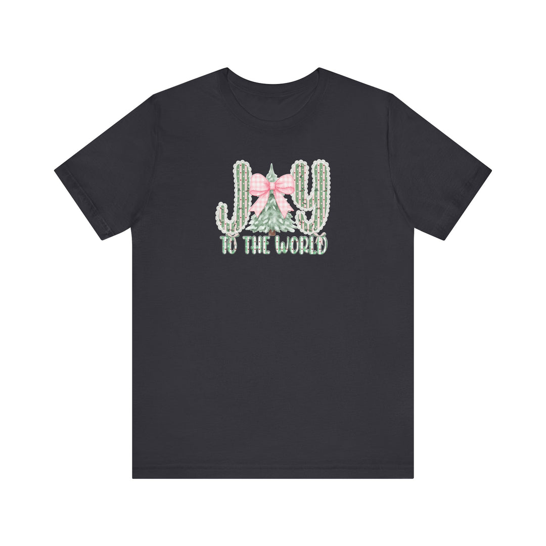 Joy to the World Tee: Charcoal T-shirt with cactus-themed 'JOY' and evergreen tree graphic, featuring soft cotton and retail fit, perfect for festive occasions.
