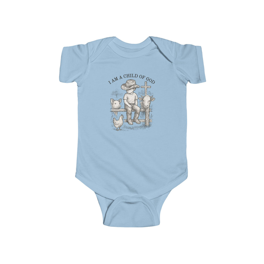 Child of God Onesie featuring a rustic scene with a cowboy boy, piglet, calf, and chicken, emphasizing faith with I AM A CHILD OF GOD text.