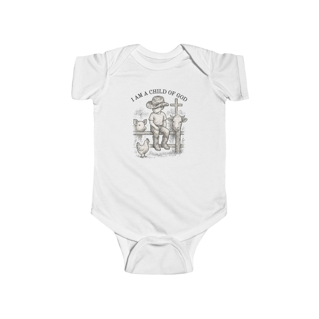 Child of God Onesie with a rustic illustration of a cowboy child on a fence with farm animals, emphasizing faith and comfort for infants.