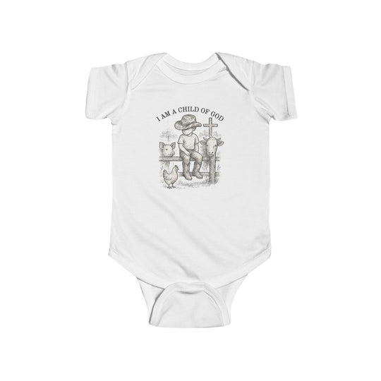 Child of God Onesie with a rustic illustration of a cowboy child on a fence with farm animals, emphasizing faith and comfort for infants.