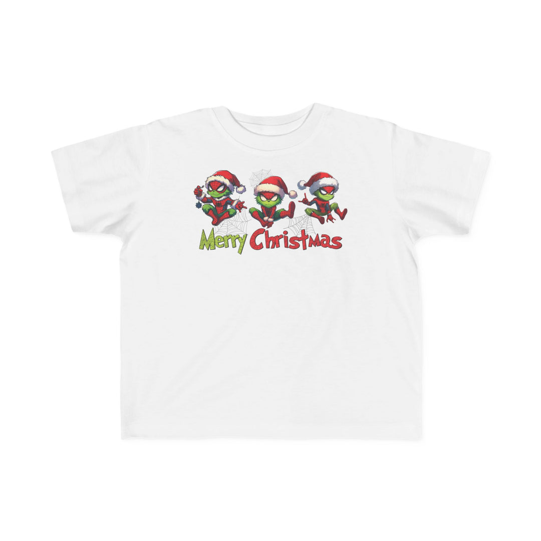 Spider Toddler Tee featuring green cartoon characters with Santa hats and cobwebs, Merry Christmas text; soft, durable, ideal for toddlers.